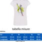 T-shirt streetwear bianca cotone pettinato con stampa icona musicale, tabella misure sotto.
