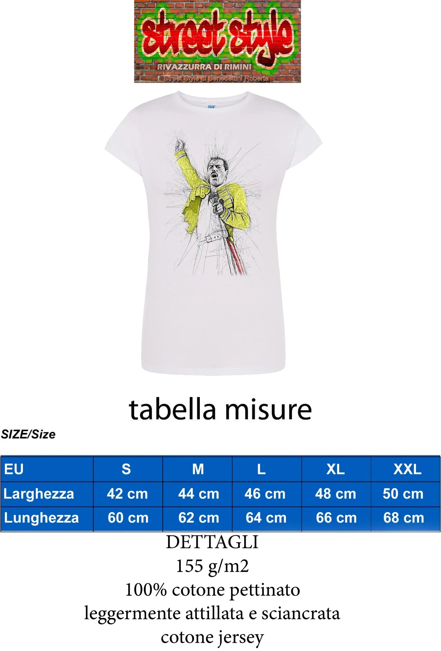 T-shirt streetwear bianca cotone pettinato con stampa icona musicale, tabella misure sotto.