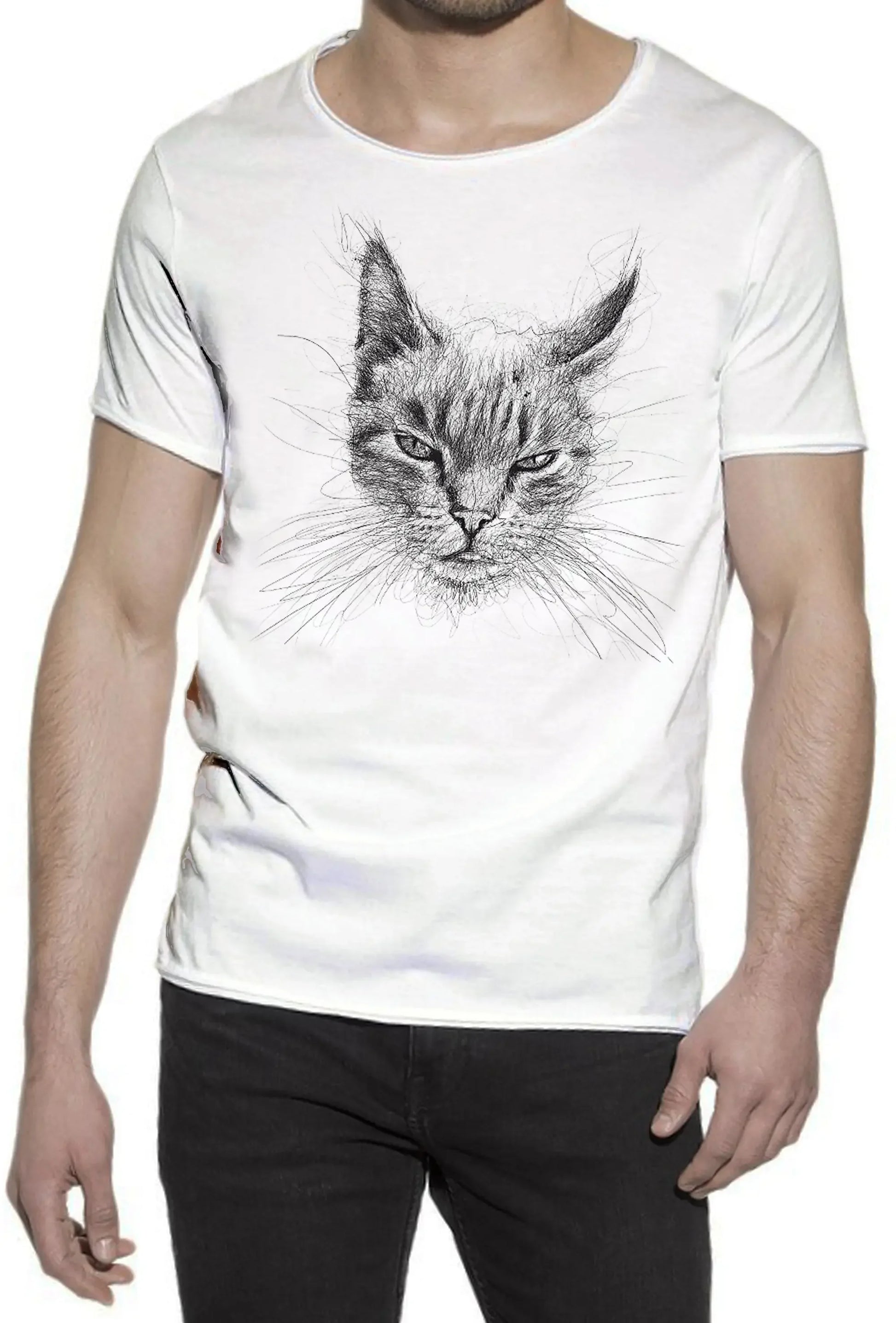 Gatto Stilizzato Color Cantante Soggetto 18-74 T-shirt Urban Slub Men Uomo 100% Cotone Fiammato JK - STREET STYLE