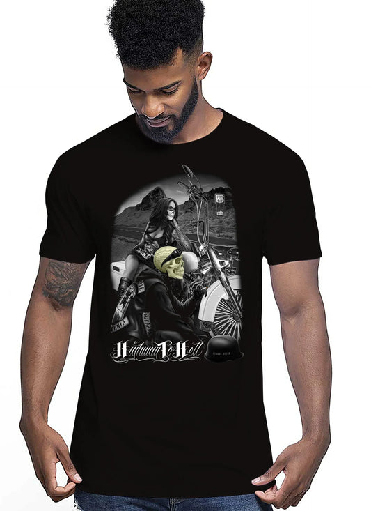 Highway To Hell Skull Motor Tattoo 9050-24 T-shirt Urban Men Uomo 100% Cotone Pettinato JK - STREET STYLE