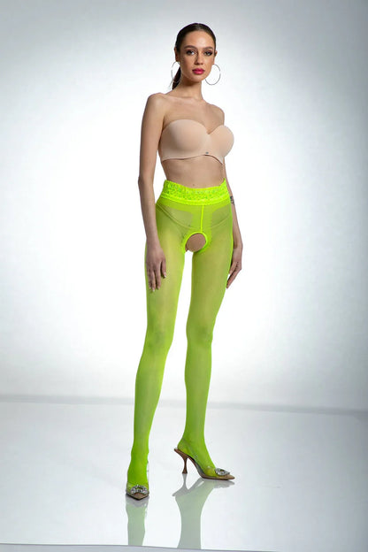 Open Crotch Pantyhose 30DEN Hip Lace Fluo Yellow - STREET STYLE