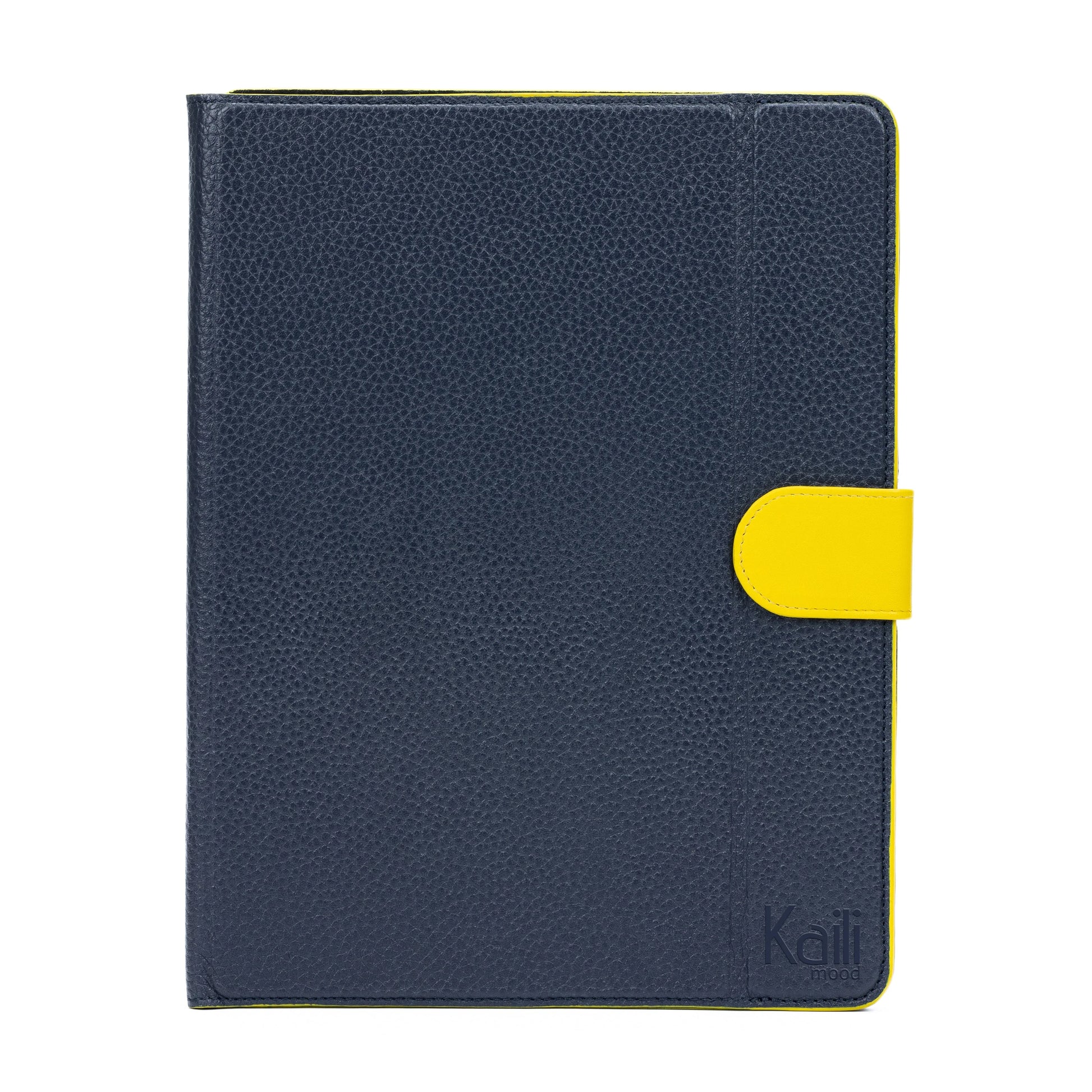 K0033DB | Genuine Leather Tablet Case, full grain, dollar grain. Col.Blue with Yellow edges. Contrasting tab closure. Dimensions: 19.5 x 25.2 x 1 cm. Packaging: TNT bag - STREET STYLE