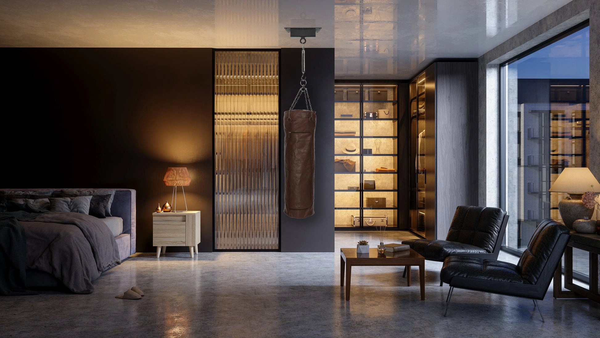 K0036BB | Punching Bag Container in Genuine Leather, Full Grain, Volante - Dark Brown Color - Accessories Polished Nickel. Dimensions: 35 x 35 x 120 cm - Packaging: TNT bag - STREET STYLE