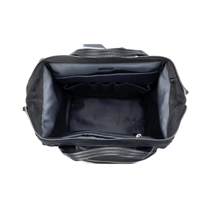 K0037AB | Water-repellent backpack in Waterproof Nylon/Genuine full-grain leather with light grain - Black color - Polished nickel accessories. Dimensions: 27 x 39 x 19 cm - Packaging: TNT bag - STREET STYLE