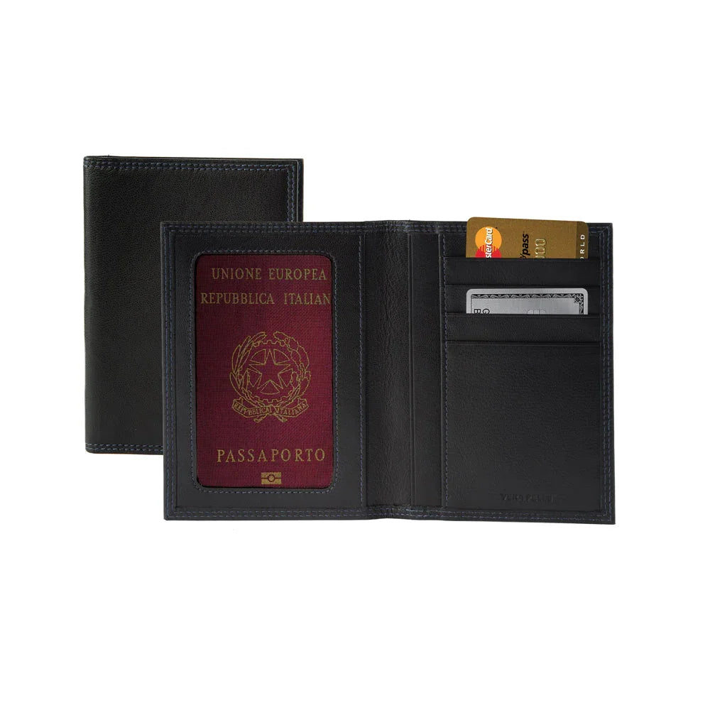 K10222AB | Porta Documenti + Passaporto in Vera Pelle pieno fiore, con leggera grana. Colore Nero. Dimensioni da chiuso: cm 10 x 14 x 1 - Confezione: Gift Box rigido fondo/coperchio - STREET STYLE