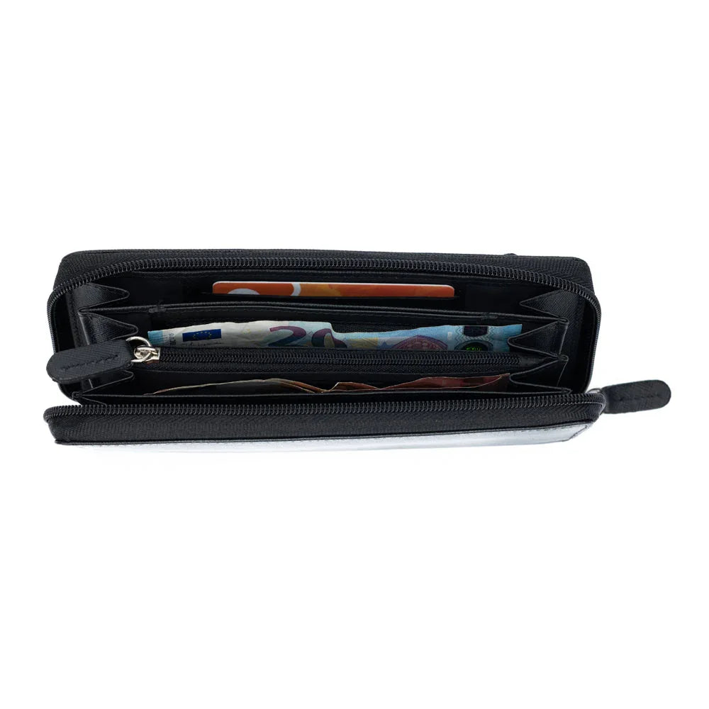 K10838AB | Portafogli Donna in Saffiano Vera Pelle. Colore Nero. 6 slot per carte di credito. Dimensioni da chiuso: cm 18,5 x 10 x 2,5. Confezione: Gift Box rigido fondo/coperchio - STREET STYLE