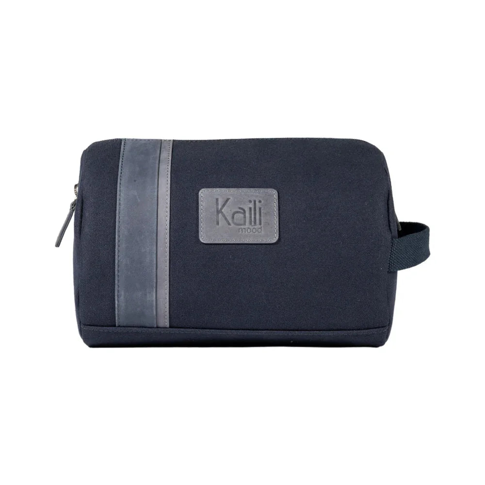 K2005DF | Beauty Case in Canvas 100% Cotton/Genuine Full Grain Leather, Naked. Color Blue. Side handle. Zip closure. Dimensions: cm 25 x 15 x 17. Packaging: Tnt bag - STREET STYLE