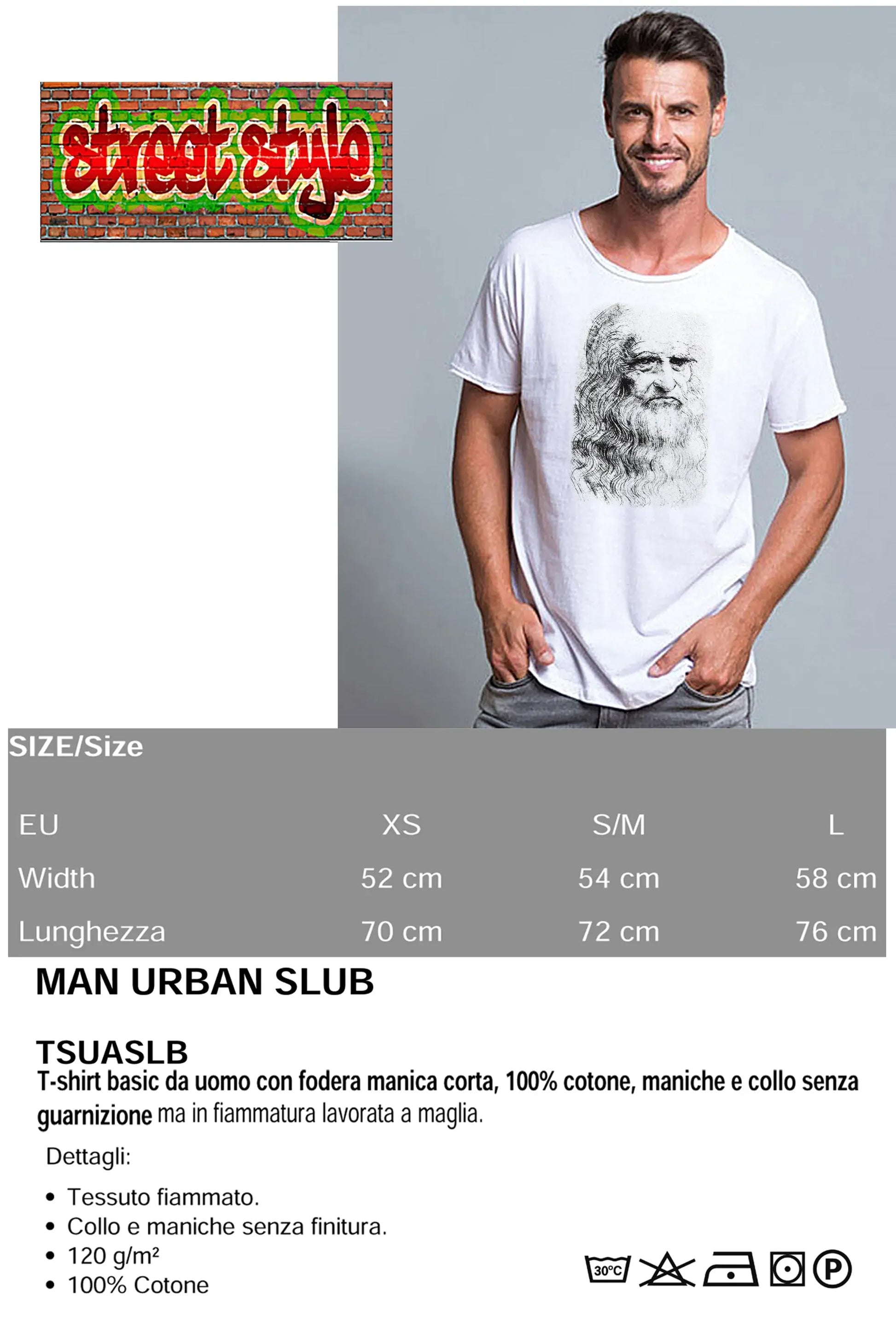 Leonardo da Vinci The Legend Stilizzato Soggetto Scultore e Pittore 18-0 T-shirt Urban Slub Men Uomo 100% Cotone Fiammato JK - STREET STYLE