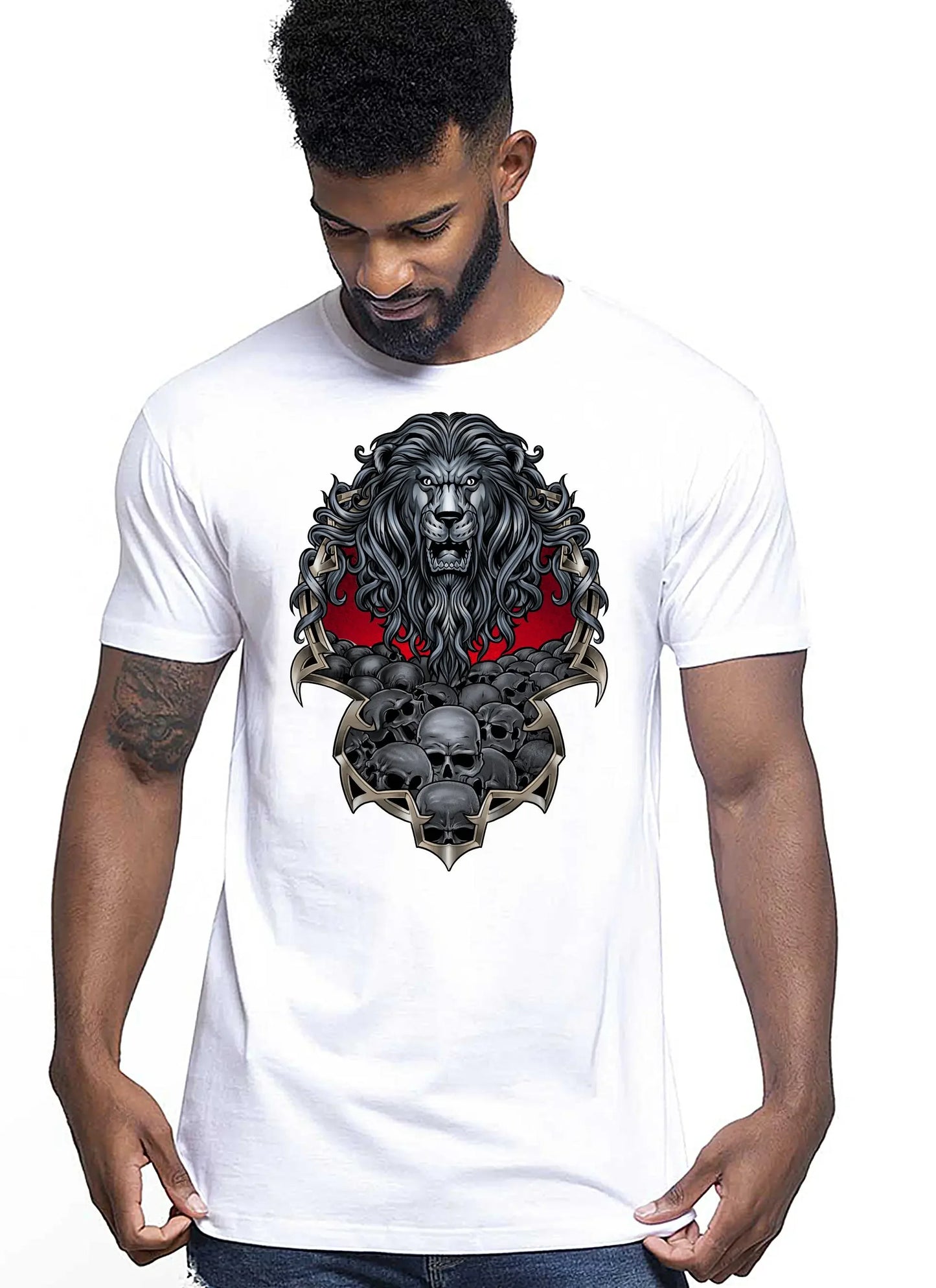 Lion Skull Tattoo 9044 T-shirt Urban Men Uomo 100% Cotone Pettinato JK - STREET STYLE