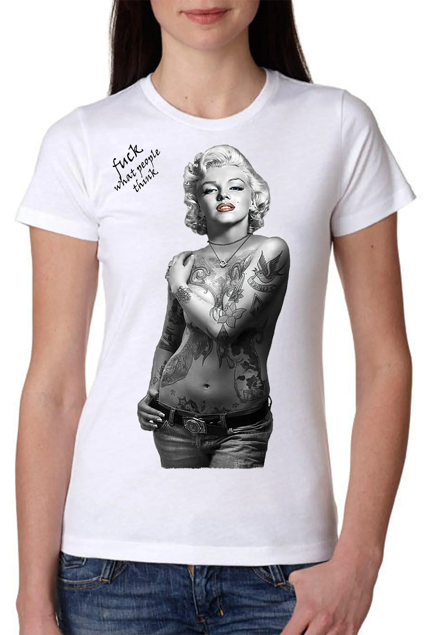 Marilyn Monroe Tattoo Legend Soggetto Attrice Cantante 9033-2 Lady Donna 100% Cotone Pettinato JK - STREET STYLE