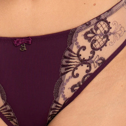 Sheer Mesh Tulle Embroidered Tanga Panty Perla Aubergine - STREET STYLE