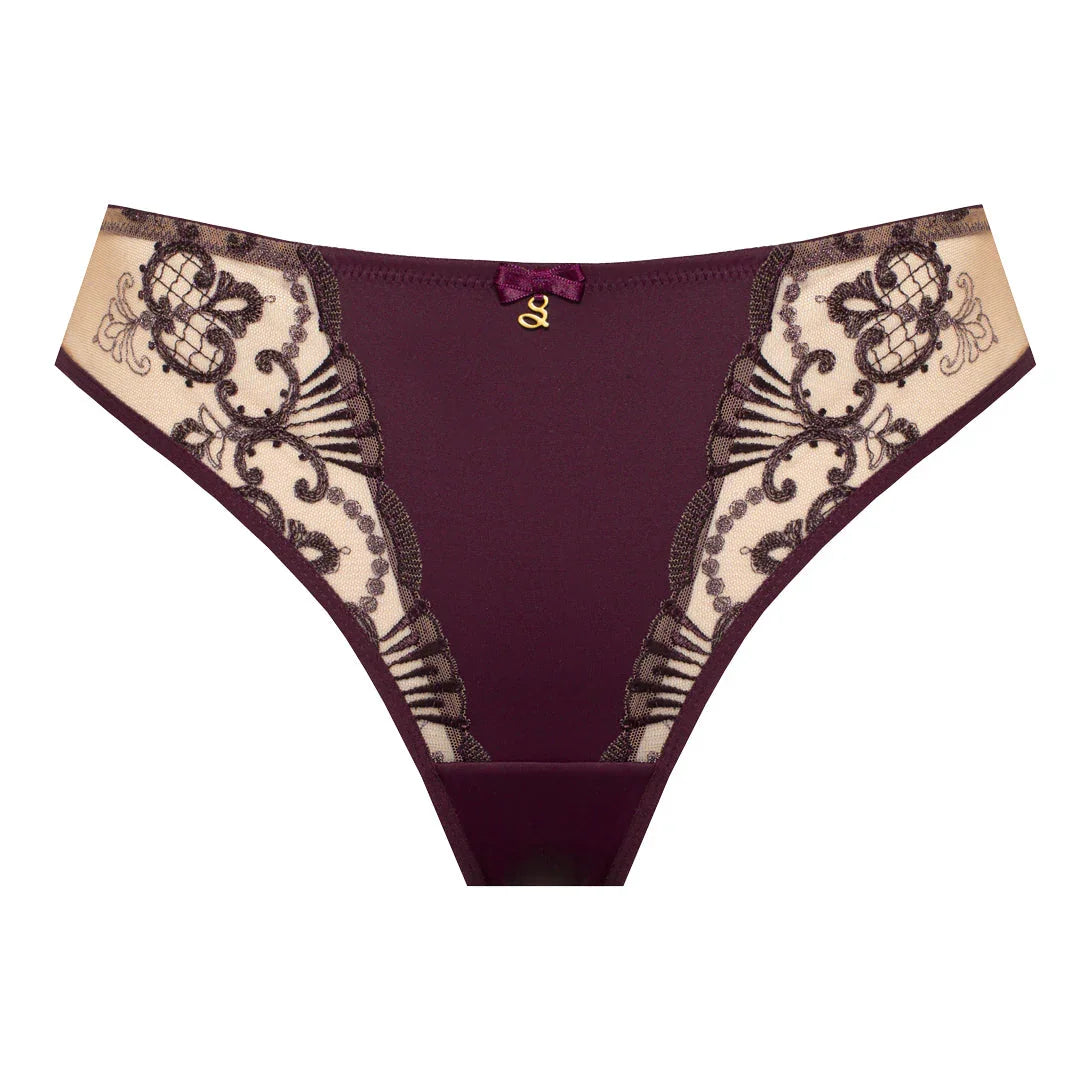 Sheer Mesh Tulle Embroidered Tanga Panty Perla Aubergine - STREET STYLE