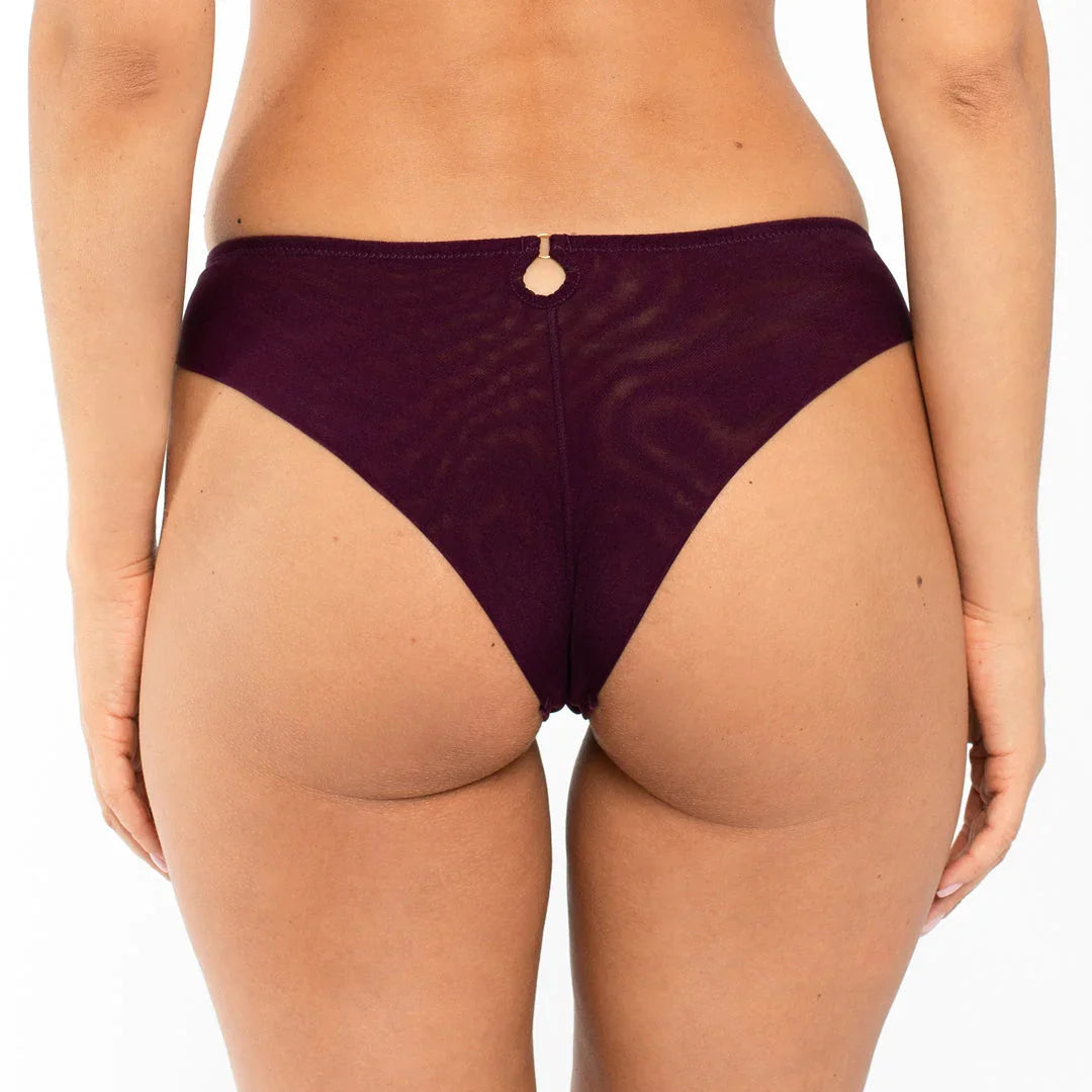 Sheer Mesh Tulle Embroidered Tanga Panty Perla Aubergine - STREET STYLE