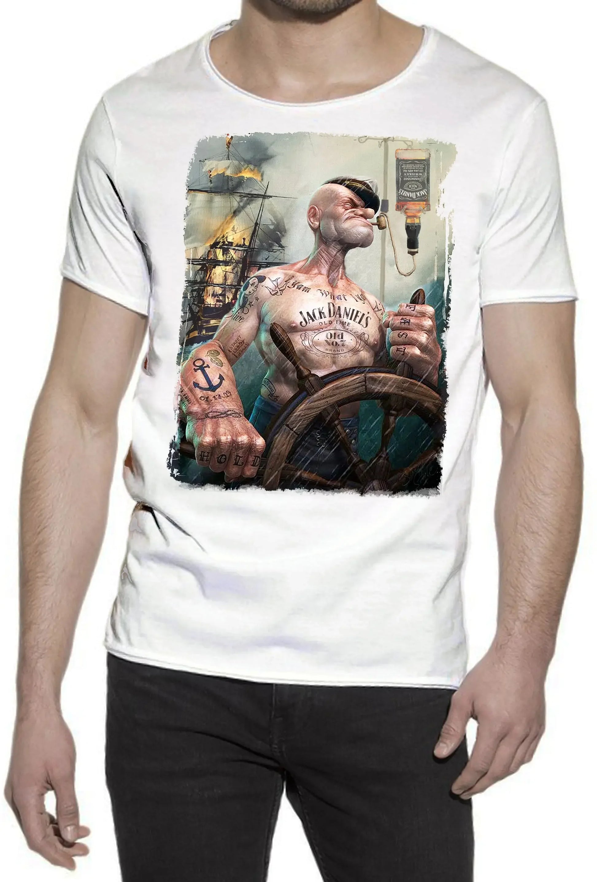 T-shirt Uomo Urban Slub Popeye Jack Daniels - Cotone Fiammato - STREET STYLE