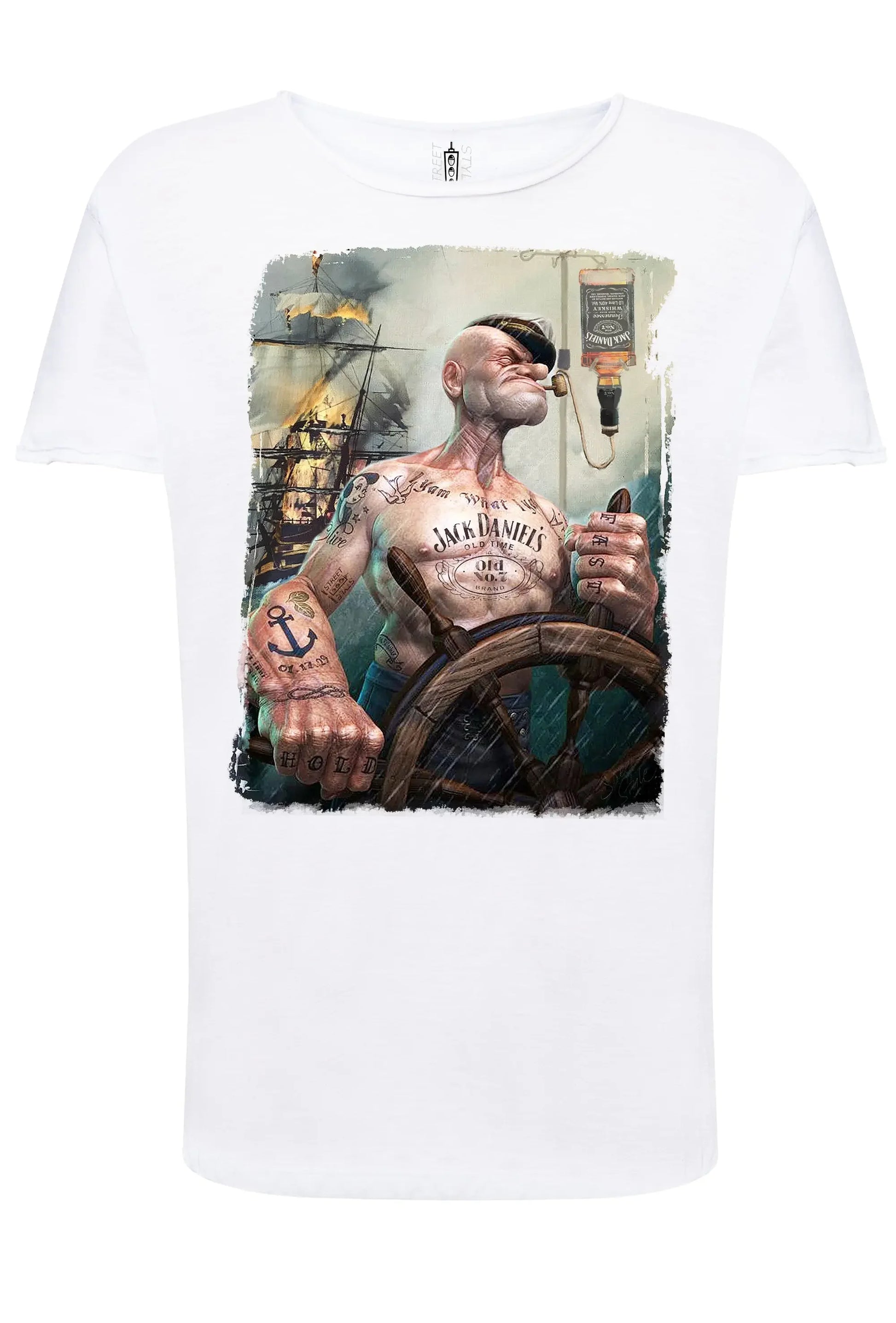 T-shirt Uomo Urban Slub Popeye Jack Daniels - Cotone Fiammato - STREET STYLE