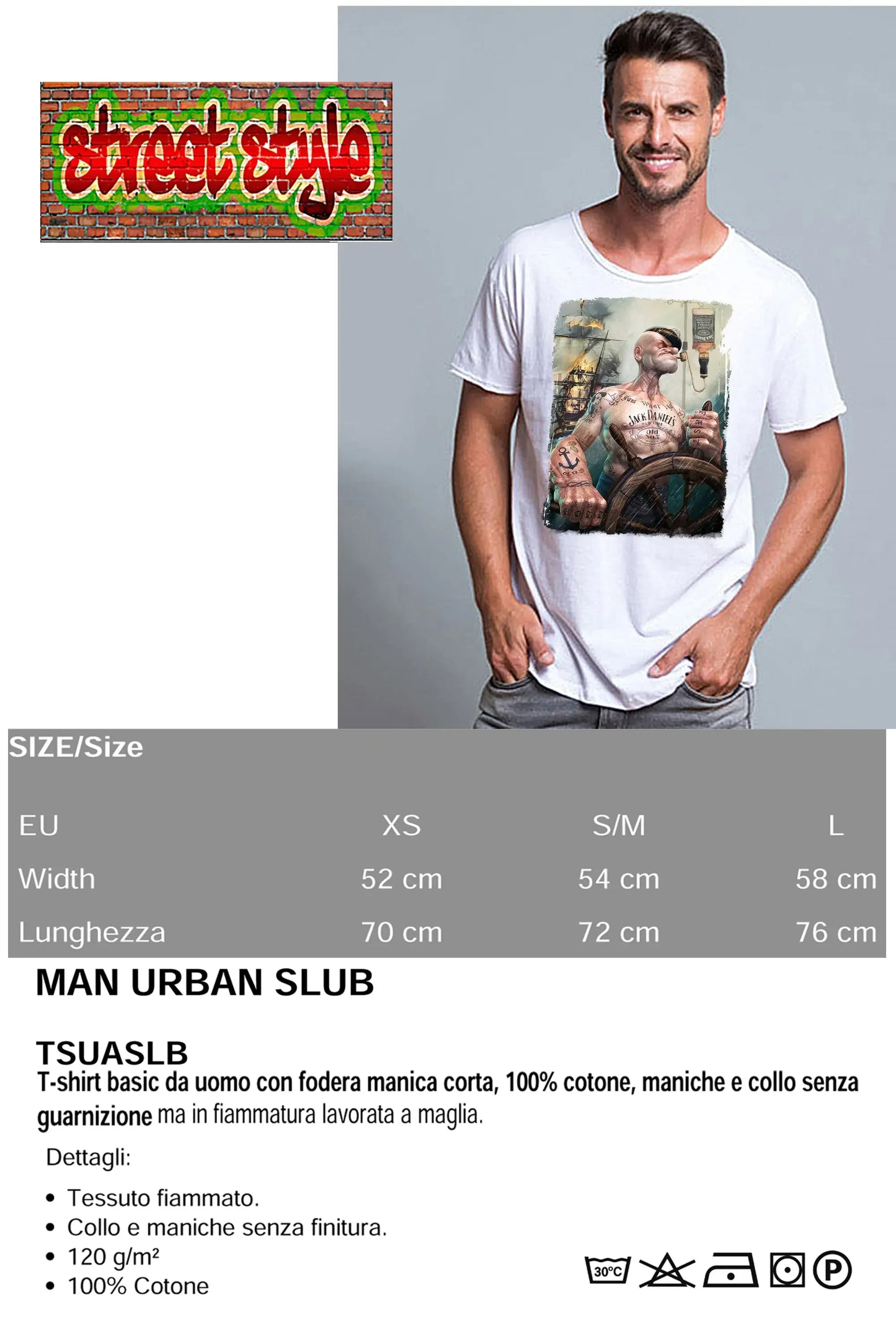 T-shirt Uomo Urban Slub Popeye Jack Daniels - Cotone Fiammato - STREET STYLE