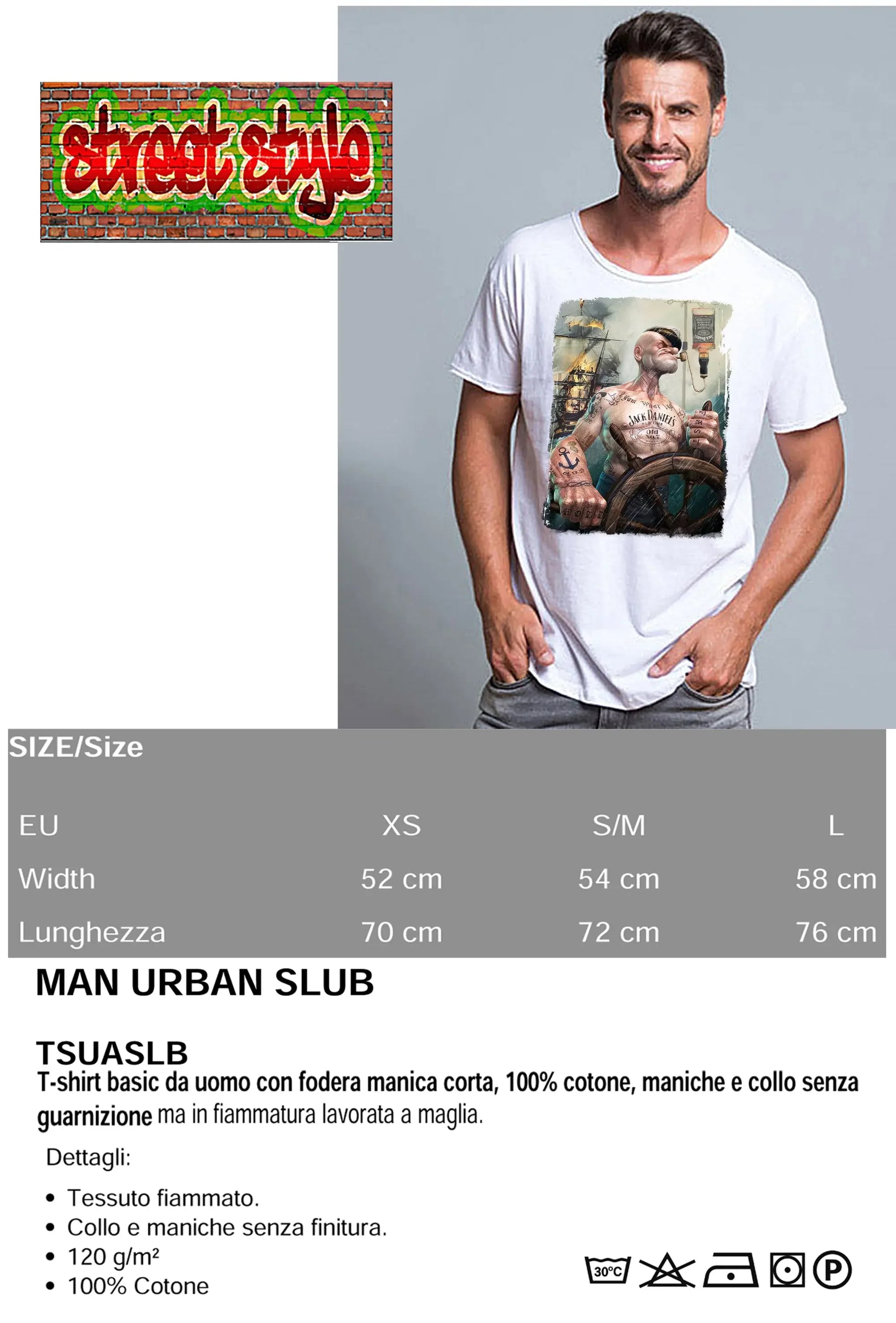 T-shirt Uomo Urban Slub Popeye Jack Daniels - Cotone Fiammato - STREET STYLE