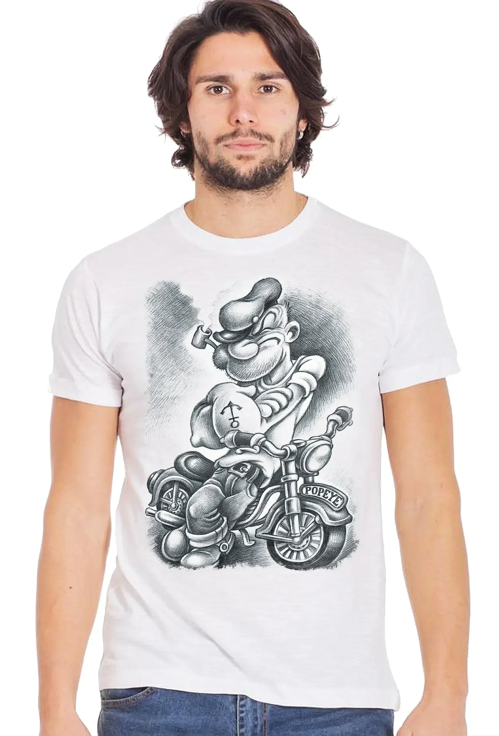 Popeye motore screcc. Fumetti Cartoons 2075-3-2 T-Shirt Urban Men Uomo 100% Cotone Fiammato BS - STREET STYLE