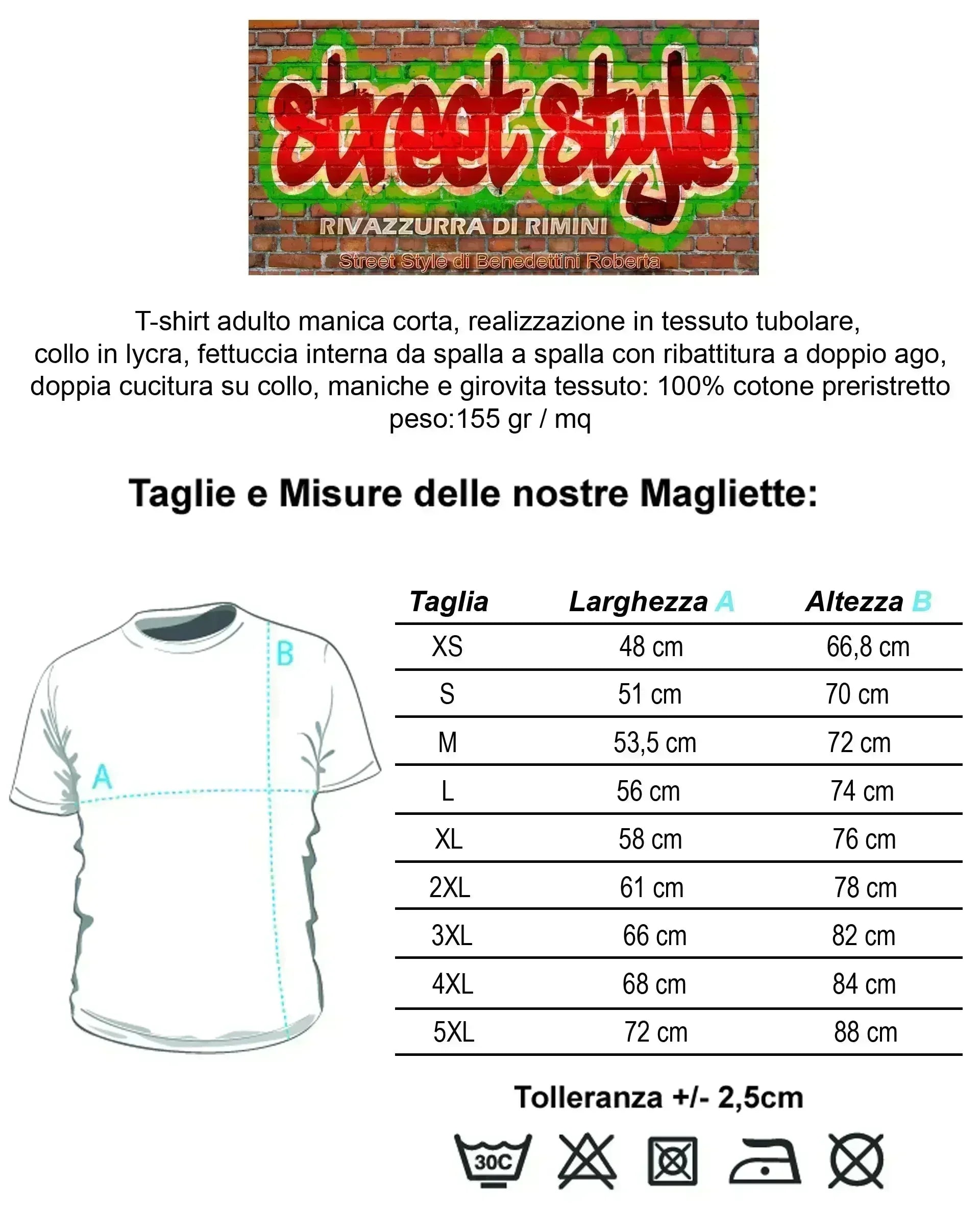 Tabella taglie t-shirt uomo Street Style Rimini, cotone, misure e istruzioni lavaggio.