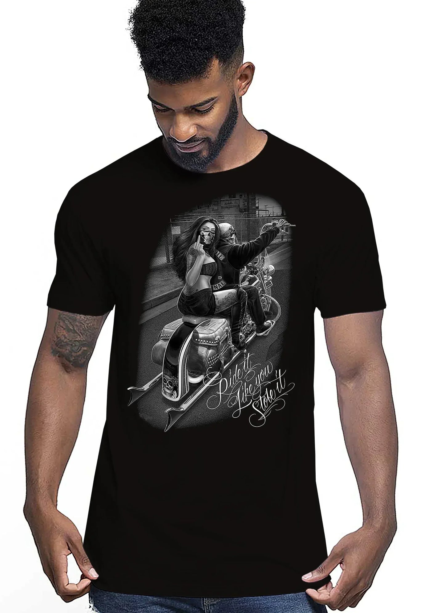 Ride it Like You Stole It Skull Motor Tattoo 9050-22 T-shirt Urban Men Uomo 100% Cotone Pettinato JK - STREET STYLE