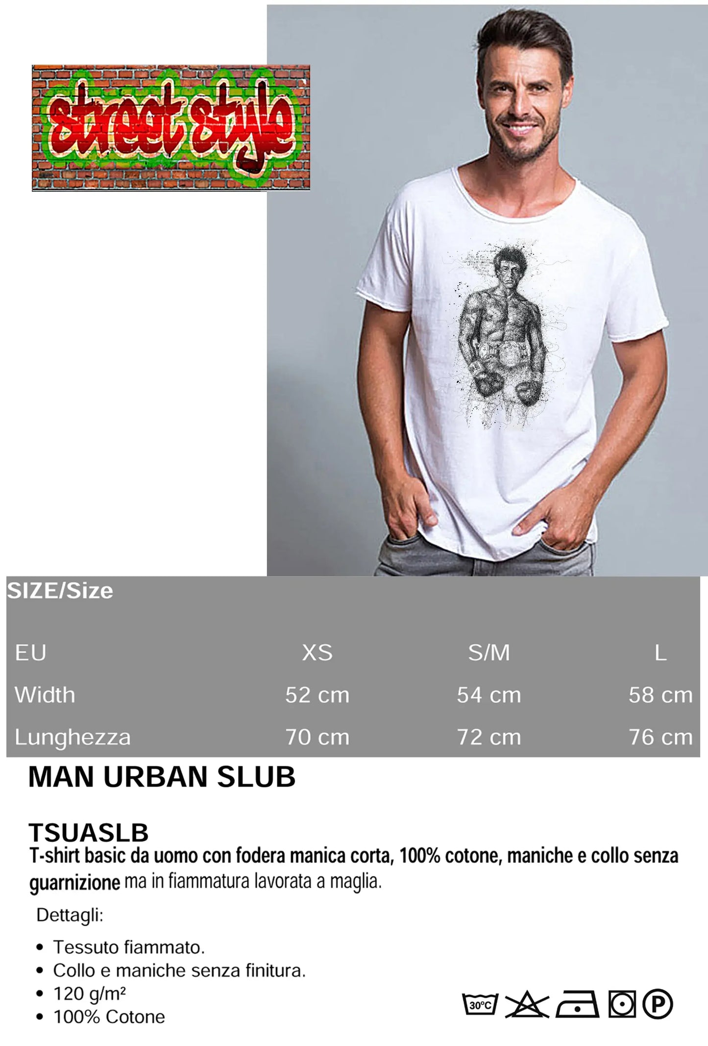 Rocky Balboa Artistico Stilizzato 18-56 T-shirt Urban Slub Men Uomo 100% Cotone Fiammato JK - STREET STYLE