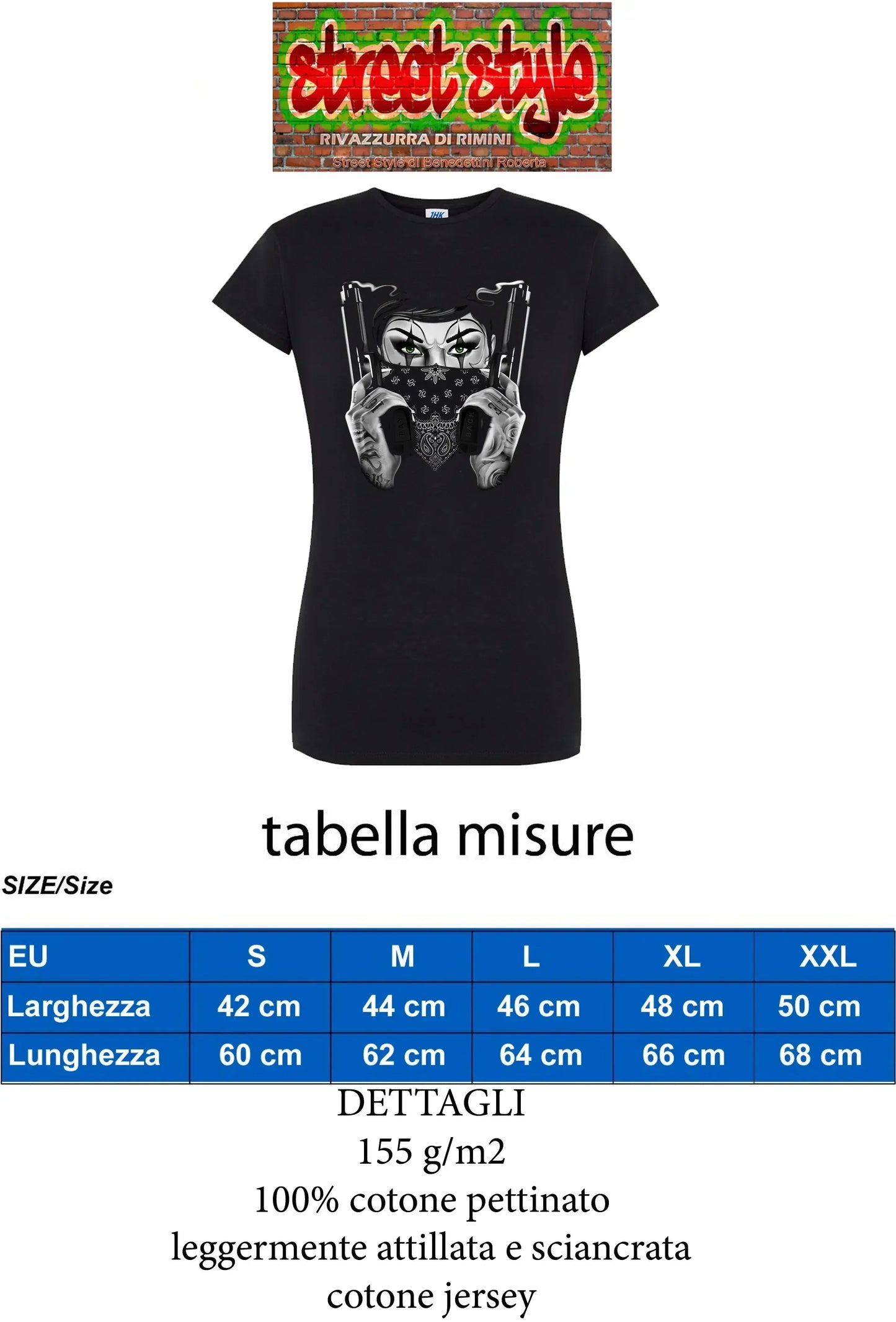 T-shirt donna nera streetwear con stampa urban grafica, cotone pettinato, stile Rimini