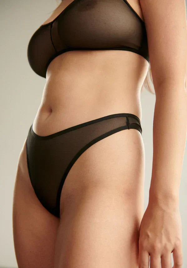 Sheer High Leg Thong Panty Blush The Mesh Black - STREET STYLE