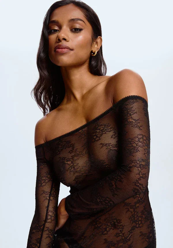 Sheer Lace Off-Shoulded Maxi Dress Blush Cascade Black - STREET STYLE