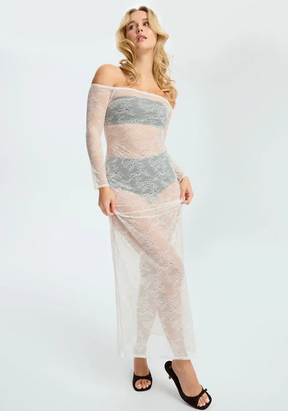 Sheer Lace Off-Shoulded Maxi Dress Blush Cascade White - STREET STYLE