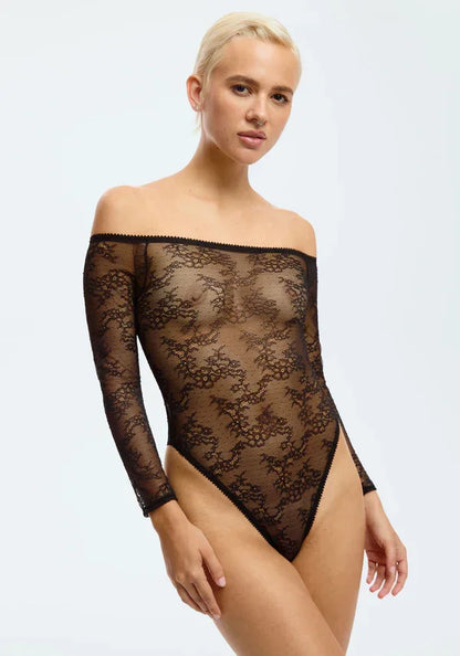 Sheer Lace Off-the-Shoulder Bodysuit Blush Cascade Black - STREET STYLE