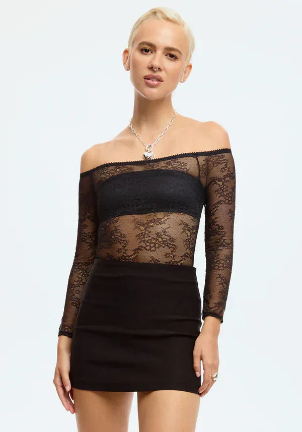 Sheer Lace Off-the-Shoulder Bodysuit Blush Cascade Black - STREET STYLE