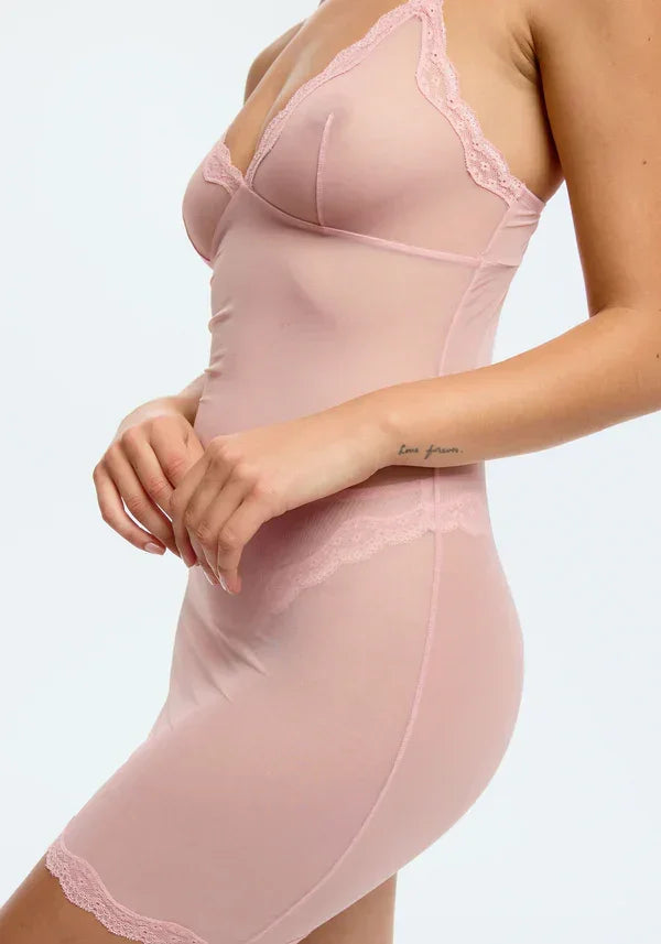Sheer Mesh Lace Trim Slip Dress Blush Lotus Rosewater - STREET STYLE