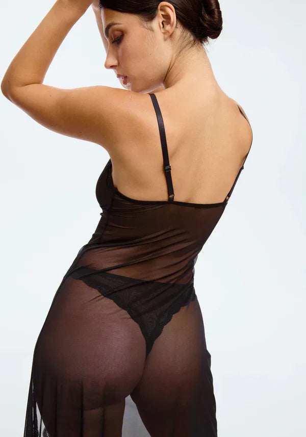 Sheer Mesh Maxi Dress Blush Lotus Black - STREET STYLE