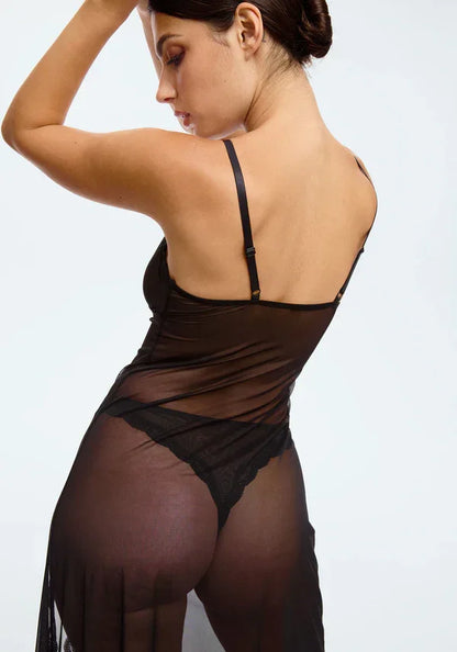 Sheer Mesh Maxi Dress Blush Lotus Black - STREET STYLE