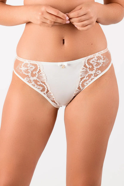 Sheer Mesh Tulle Embroidered Tanga Panty Perla Ivory - STREET STYLE