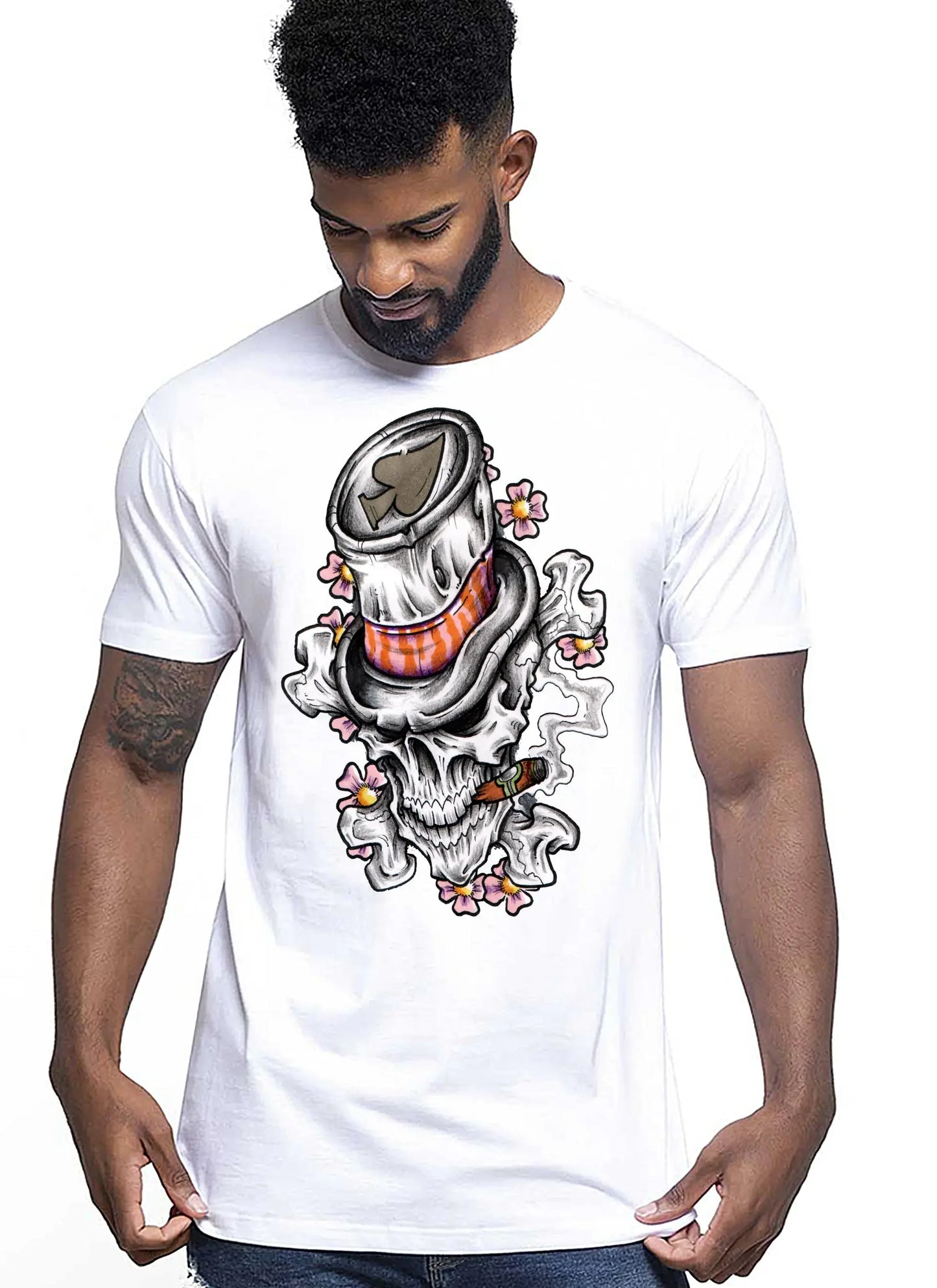 Skull Cigar Sigaretta Asso Tattoo 9003 T-shirt Urban Men Uomo 100% Cotone Pettinato JK - STREET STYLE