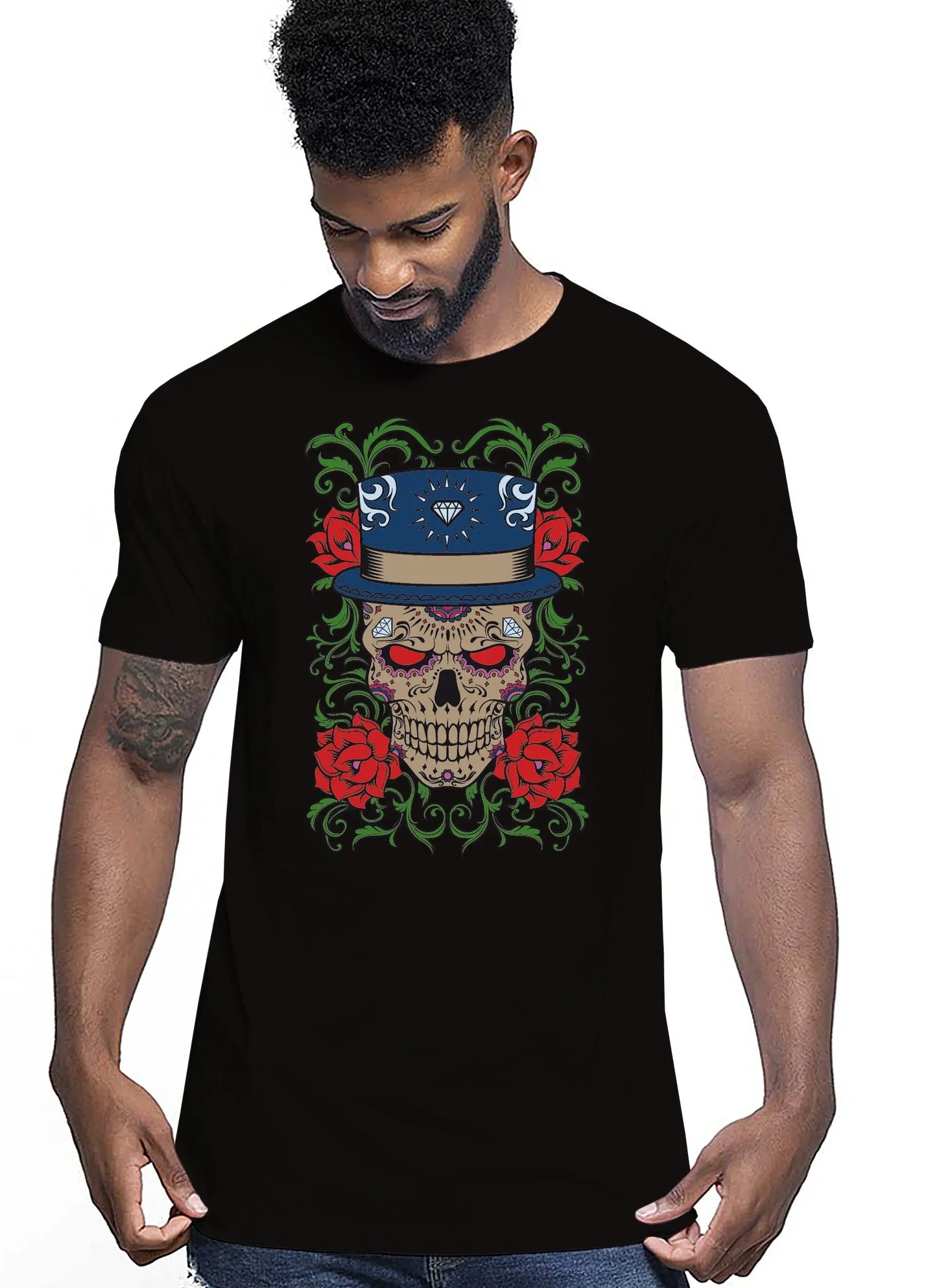 Sugarskull Skull Motor Tattoo 9055 T-shirt Urban Men Uomo 100% Cotone Pettinato JK - STREET STYLE