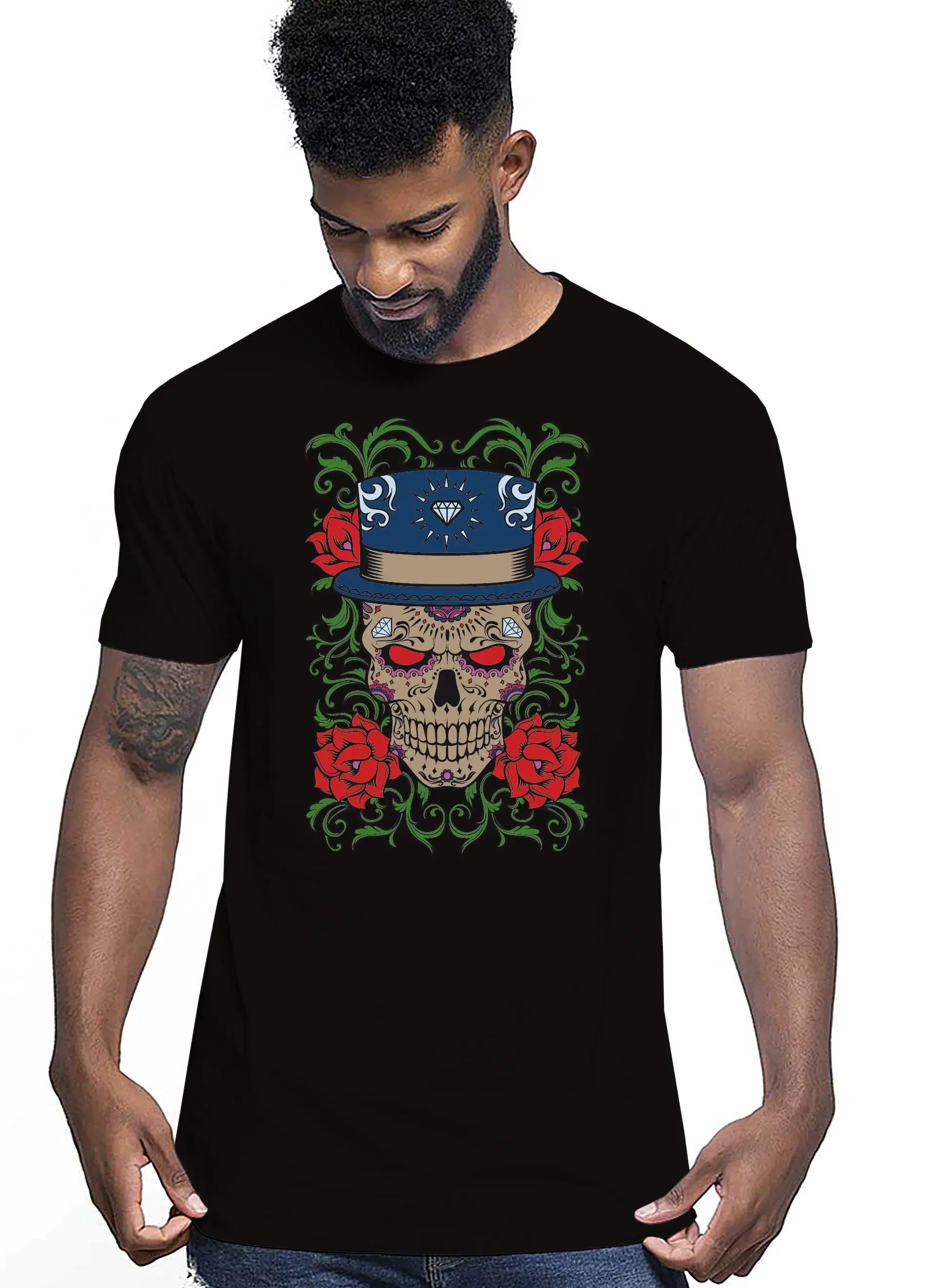 Sugarskull Skull Motor Tattoo 9055 T-shirt Urban Men Uomo 100% Cotone Pettinato JK - STREET STYLE