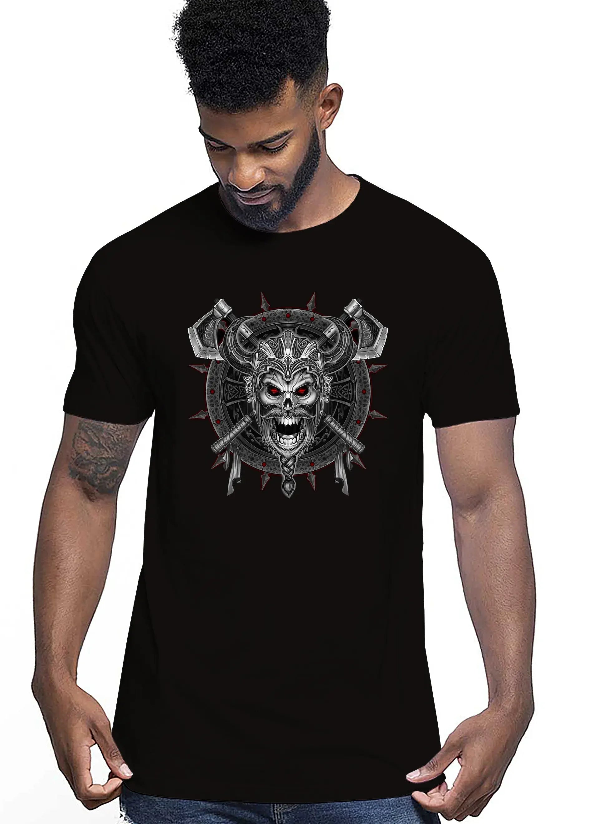 Viking Skull Motor Tattoo 9057 T-shirt Urban Men Uomo 100% Cotone Pettinato JK - STREET STYLE