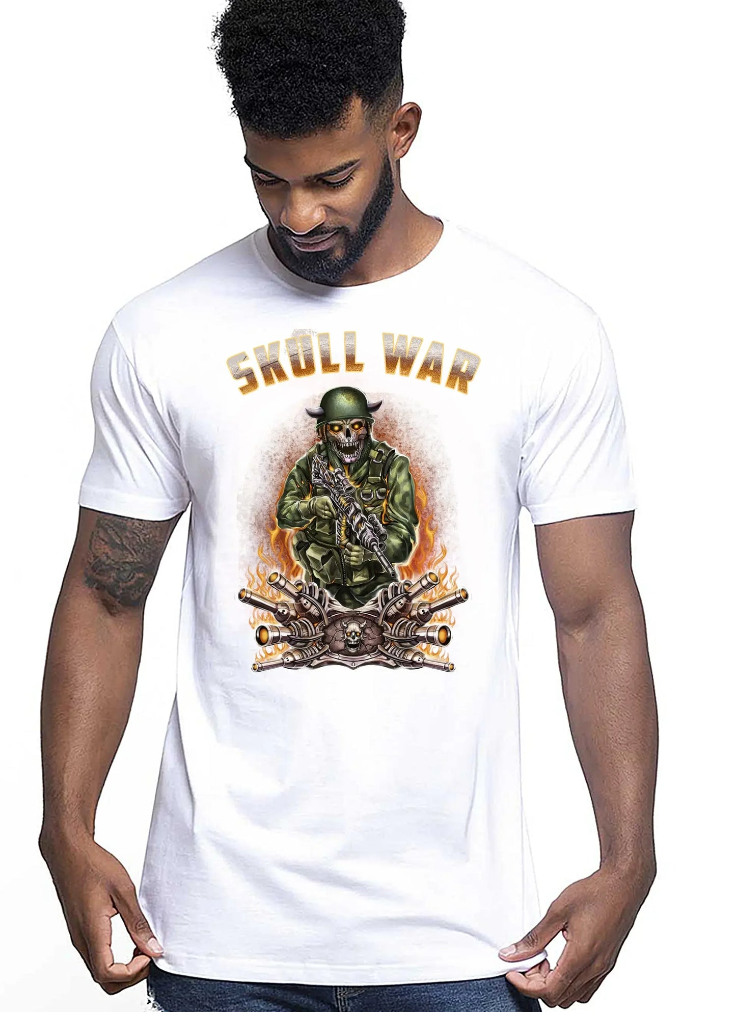 War Skull Tattoo 9053 T-shirt Urban Men Uomo 100% Cotone Pettinato JK - STREET STYLE