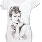 T-shirt bianca streetwear con disegno stilizzato di donna iconica, 100% cotone, stile urban