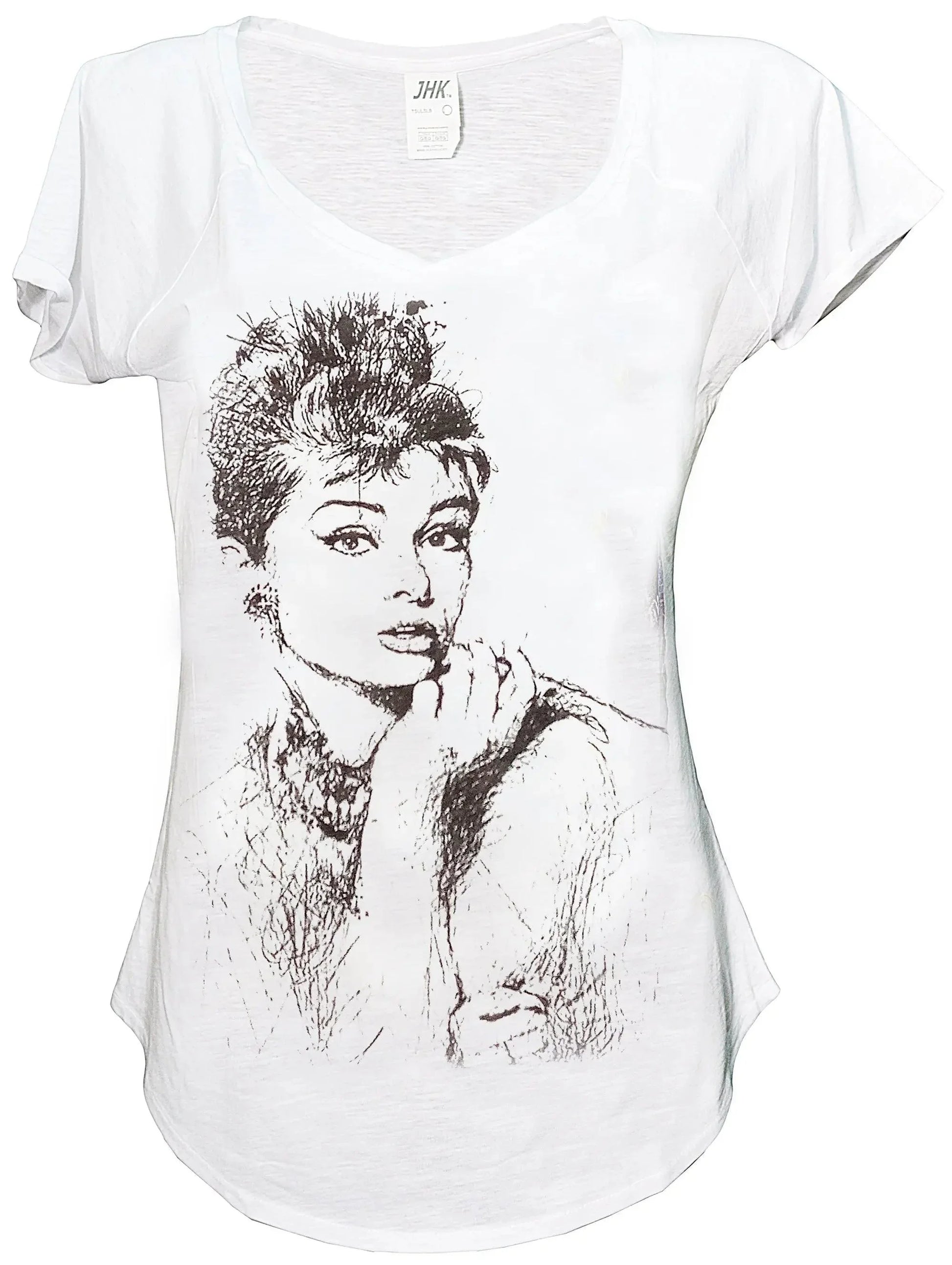 T-shirt bianca streetwear con disegno stilizzato di donna iconica, 100% cotone, stile urban