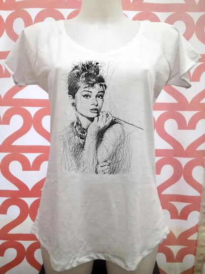 T-shirt bianca donna in cotone fiammato con stampa stilizzata attrice, stile urban streetwear.