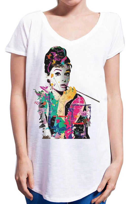T-shirt bianca donna con stampa colorata soggetto cinema, stile urban streetwear