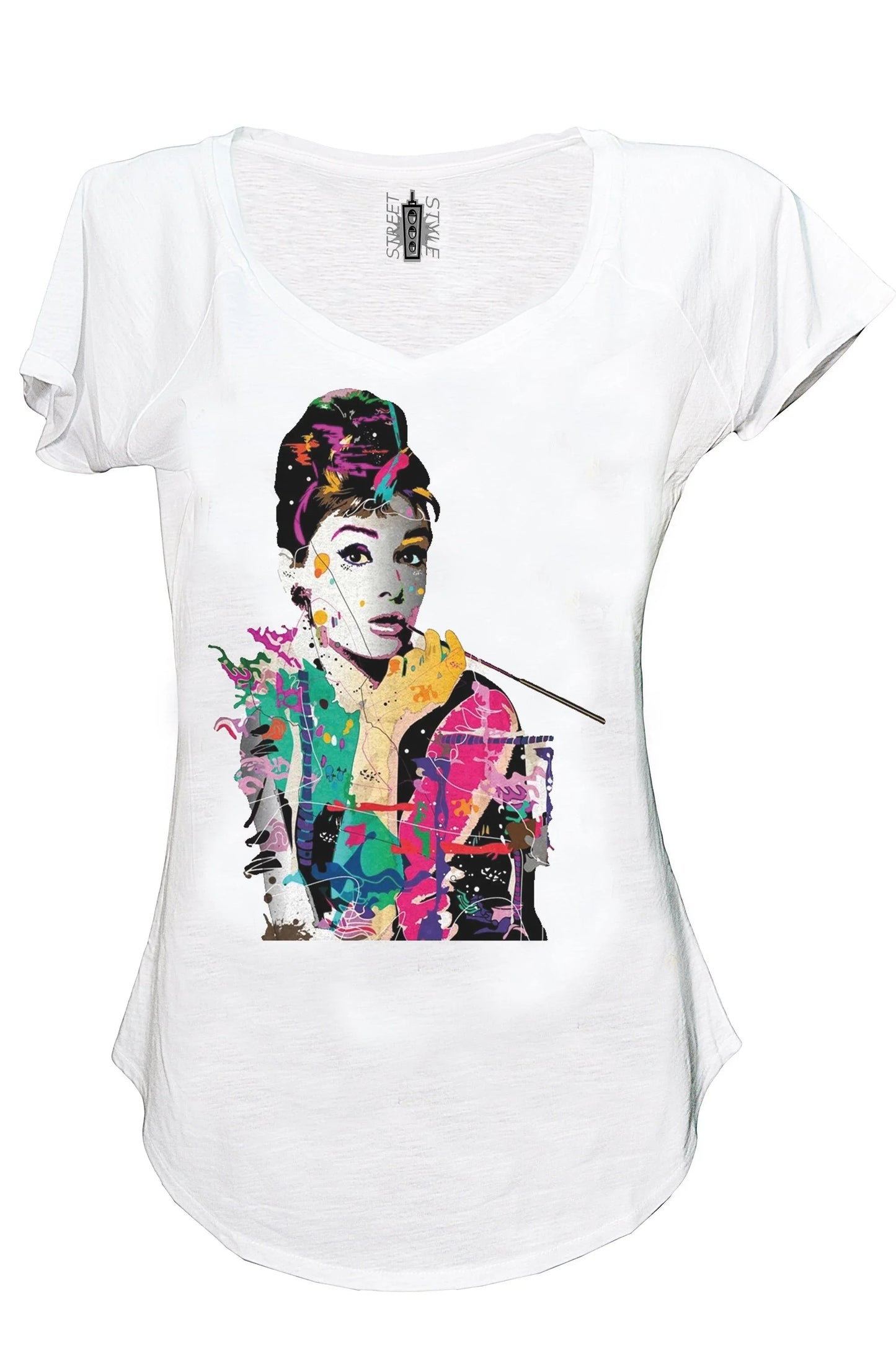 T-shirt bianca donna streetwear con stampa stilizzata icona cinema, stile urban colorato