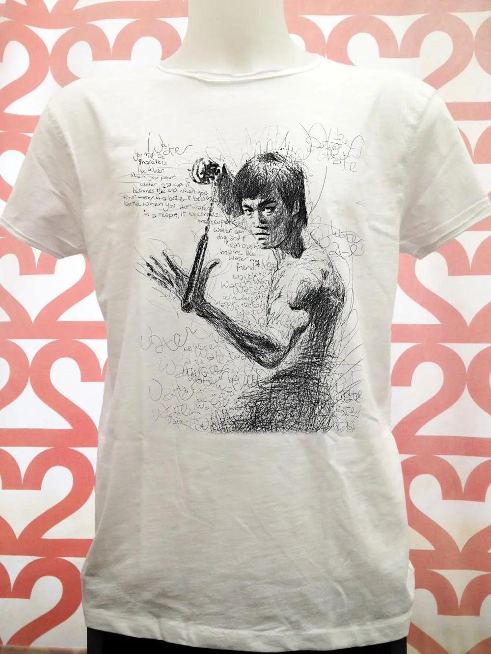 T-shirt streetwear uomo bianca con disegno urban stile Bruce Lee, cotone fiammato, Street Style