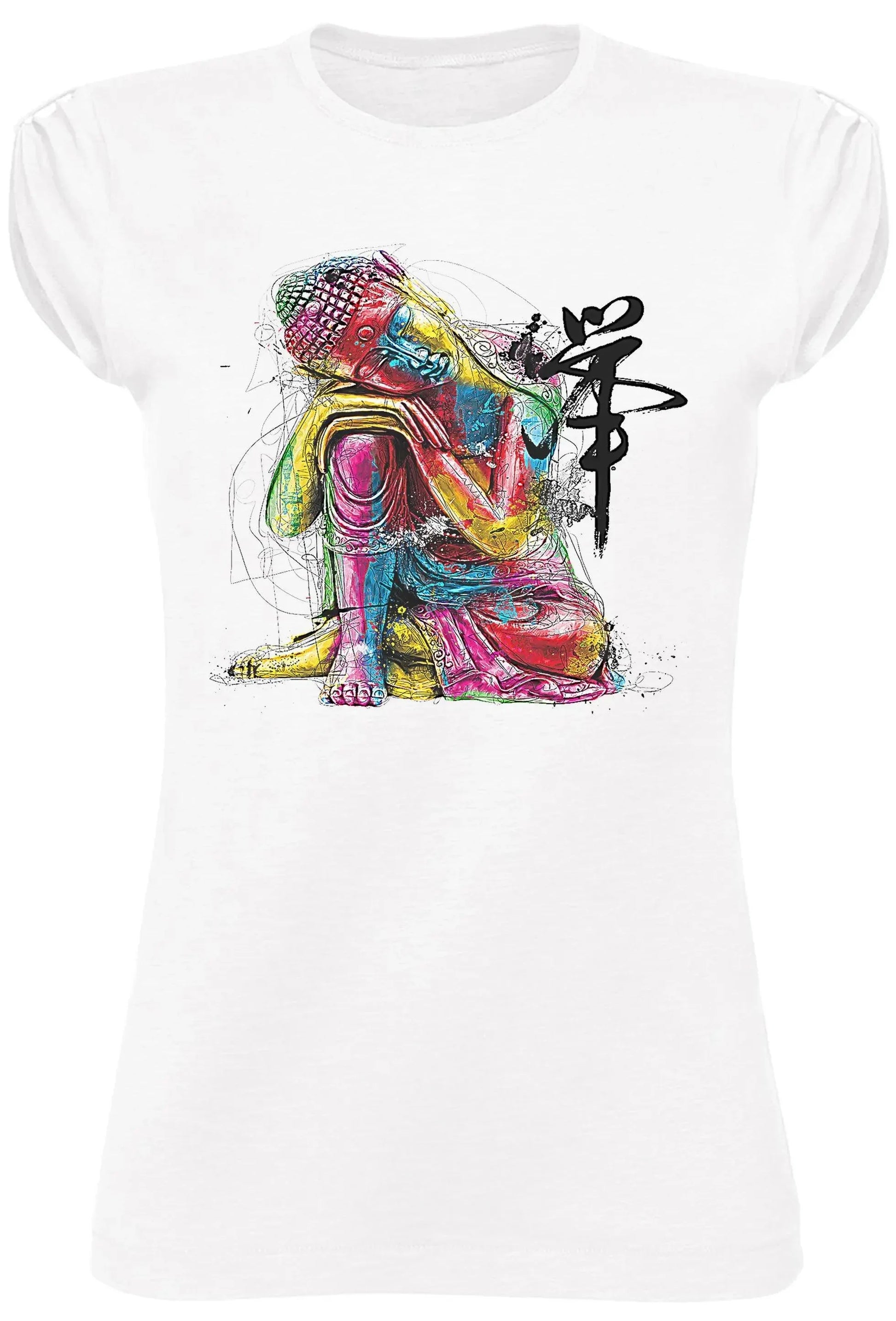 T-shirt donna streetwear bianca con stampa colorata Buddha arte urban e dettaglio calligrafico nero