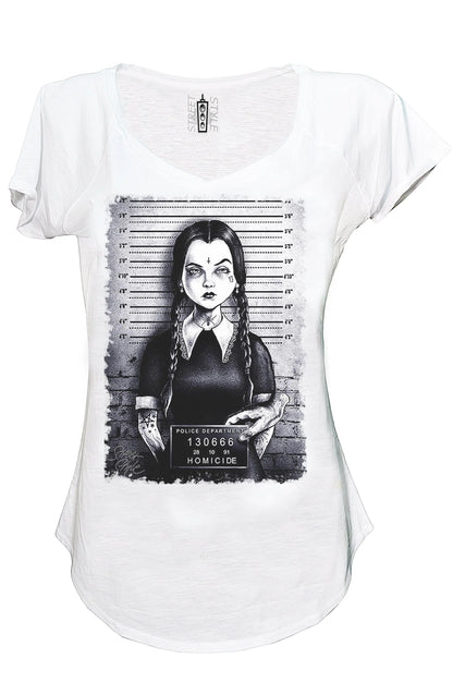 T-shirt donna bianca in cotone fiammato, stampa urban streetwear mugshot ragazza stilizzata in bianco e nero.