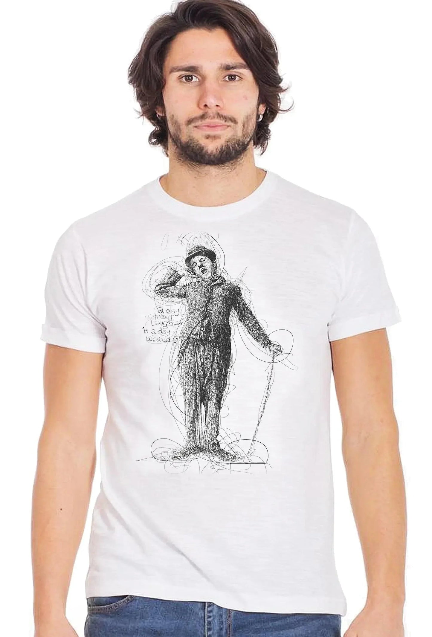 T-shirt bianca streetwear uomo con stampa disegno artistico Chaplin, stile urban