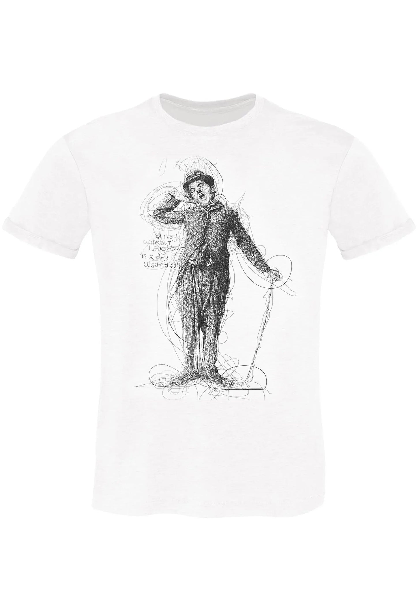 T-shirt bianca streetwear uomo con illustrazione sketch stile urban e frase "a day without laughter is a day wasted".